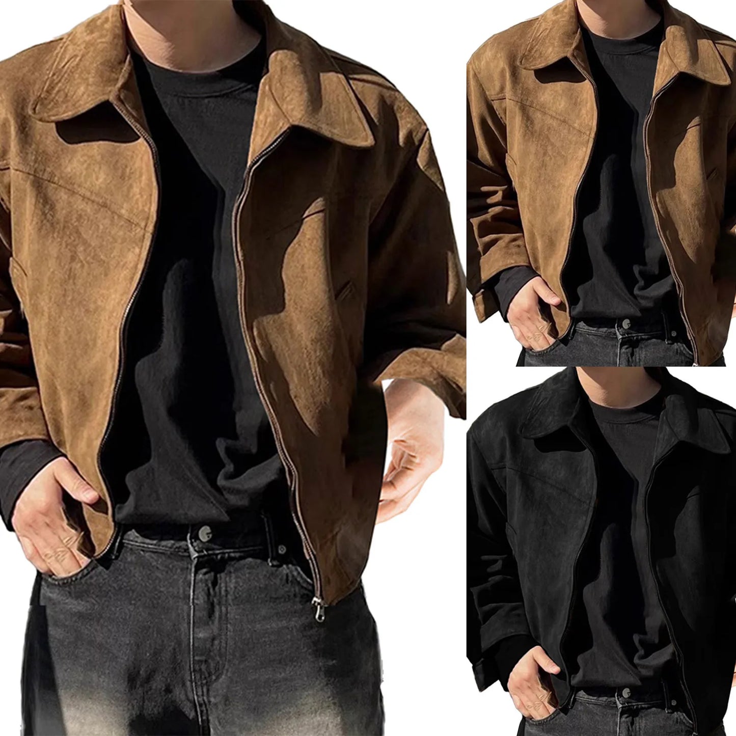 Men'S Suede Jacket, Retro Bomber, Casual Vintage Fashion