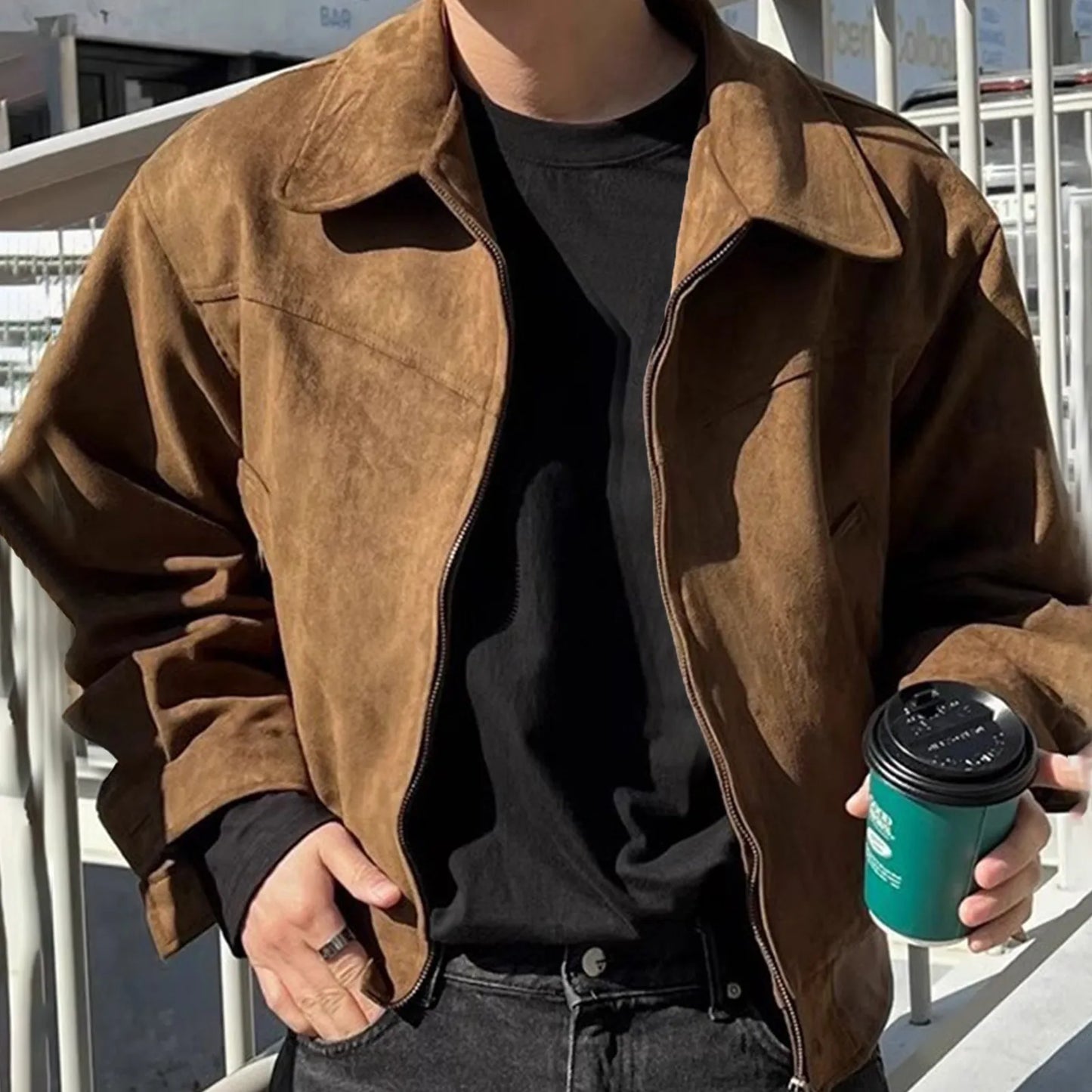 Men'S Suede Jacket, Retro Bomber, Casual Vintage Fashion