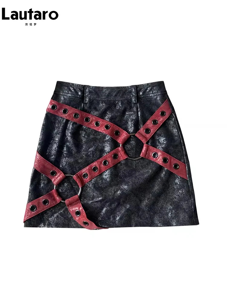 Lautaro Red & Black Patchwork PU Leather Mini Skirt