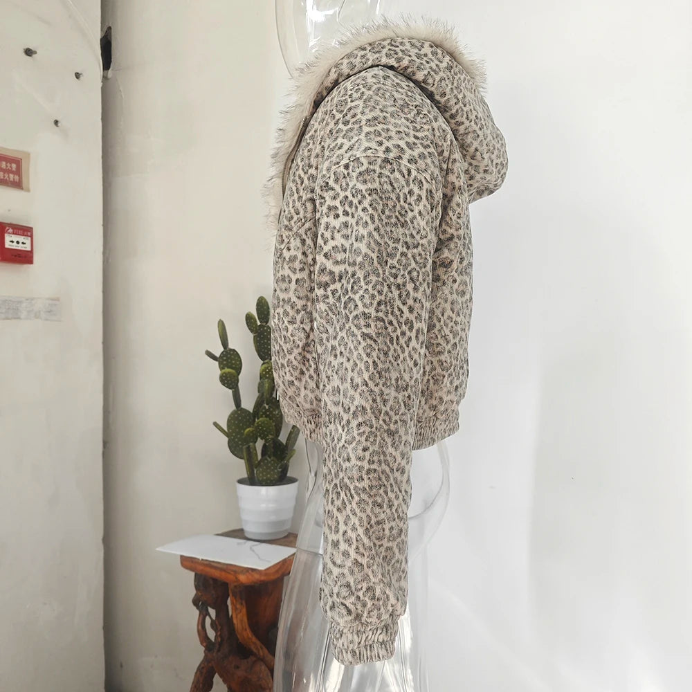 Men's Leopard Print Fur Collar Hooded Coat – Thick Quilted Winter Jacket