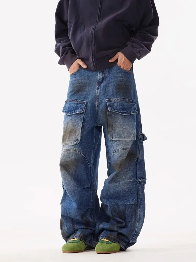 Grunge/Y2K Streetwear Pleated Baggy Cargo Jeans, Vintage Blue Wide Leg Denim