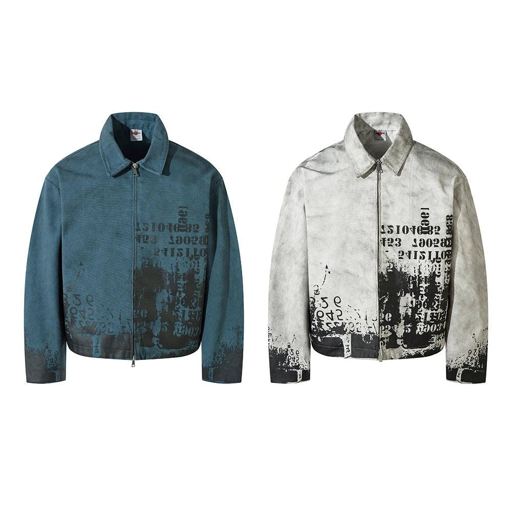 Washed Painted Autumn Windbreaker Jackets Mens and Women Turn Down Collar