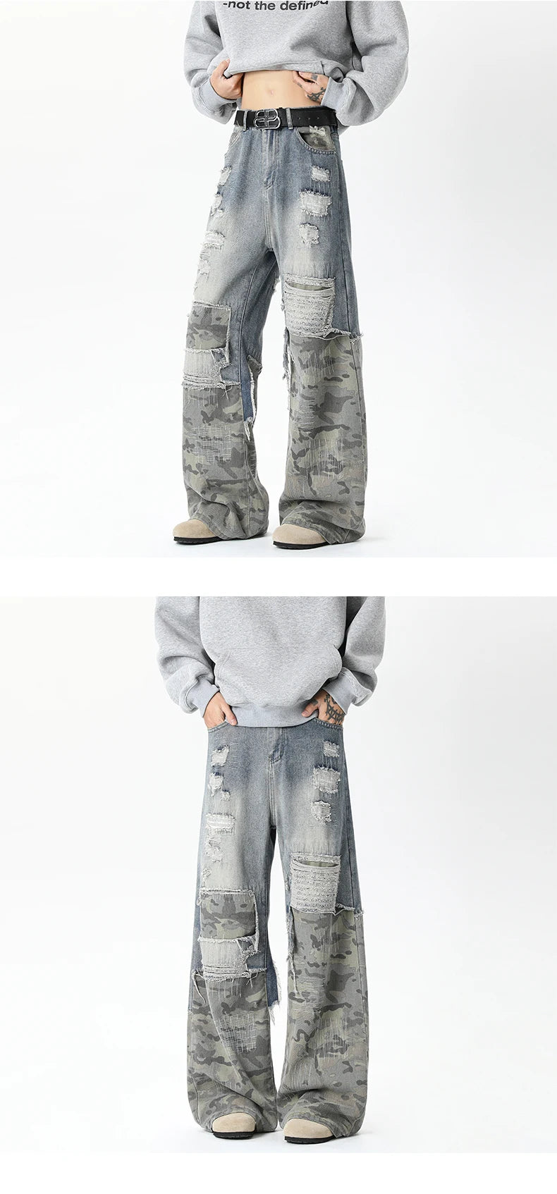 Camouflage Wide jeans men Ripped Patchwork New Mainstream Hip Hop Skateboard Men Women Streetwear High Street Super Loose Jeans