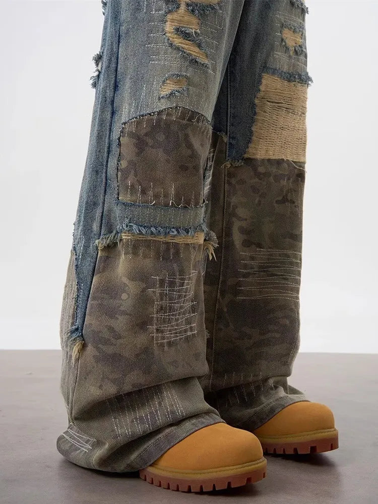 Trashy Y2K Streetwear, Ripped Stacked Baggy Jeans ,Camouflage Patchwork