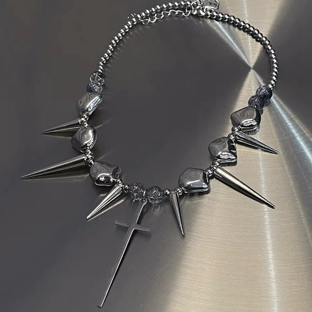 Retro Y2K Long Spike Rivet Necklace Stainless Steel Cross Hip Hop Necklace for Women Vintage Grunge Style Party Jewelry