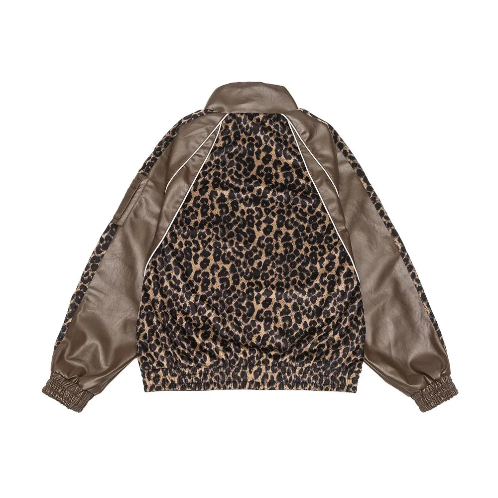 Leopard Spliced PU Leather Jacket Mens Autumn High Street Stand Collar Raglan Long Sleeve Outerwear Men