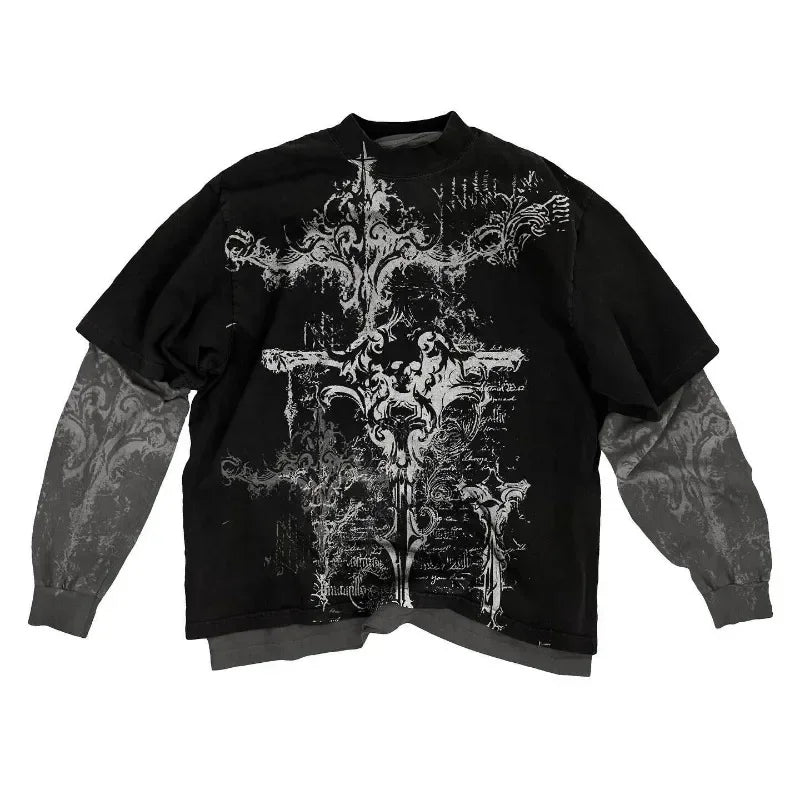 Y2K skull pattern long sleeved T shirt Mens/Women's Casual Gothic Clothing Tops