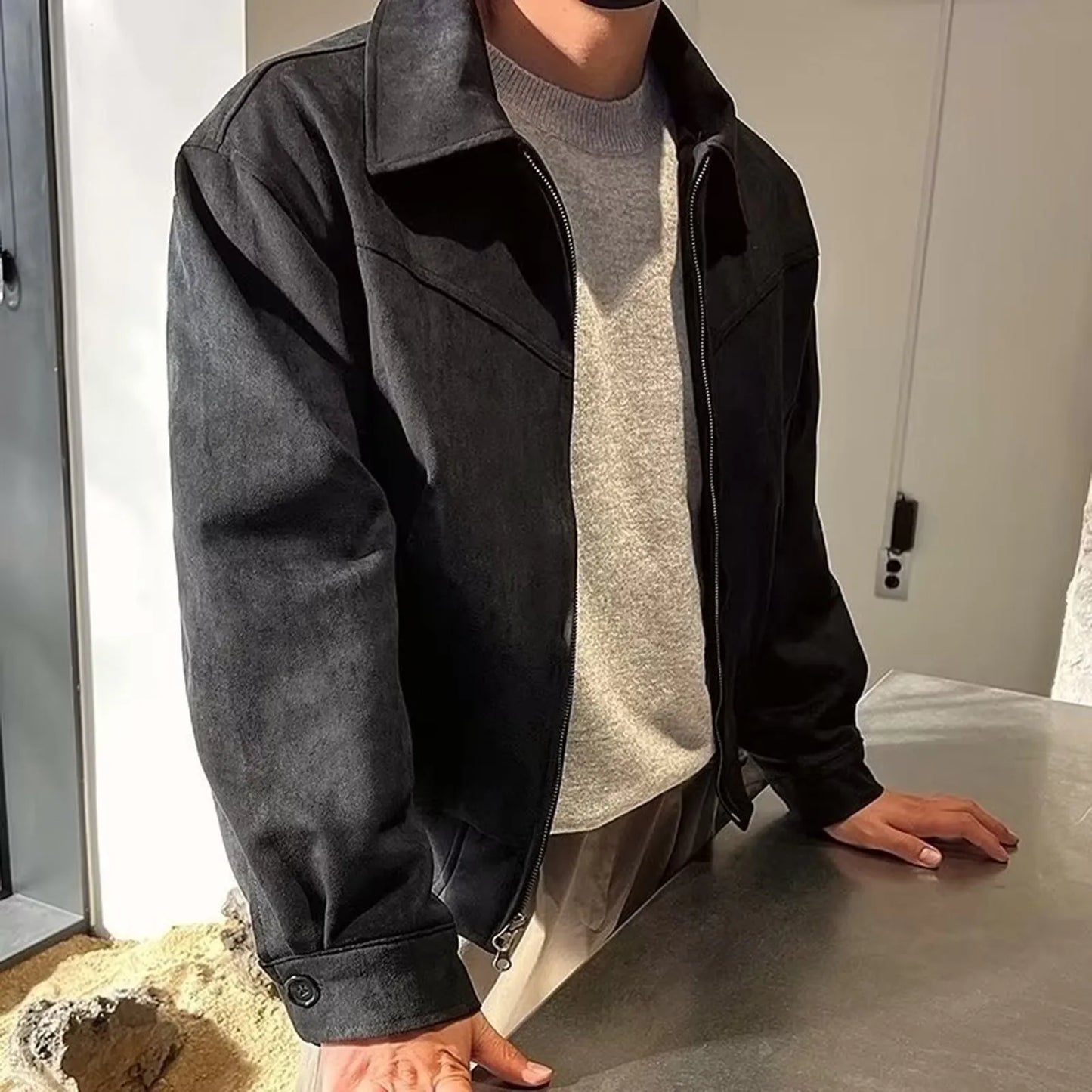 Men'S Suede Jacket, Retro Bomber, Casual Vintage Fashion