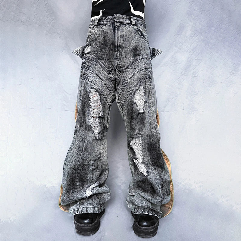 Destroy Hole Deconstruct Spliced Design Jeans Male High Street Worn-out Washed Straight Trousers Spring Chic New 28W4061