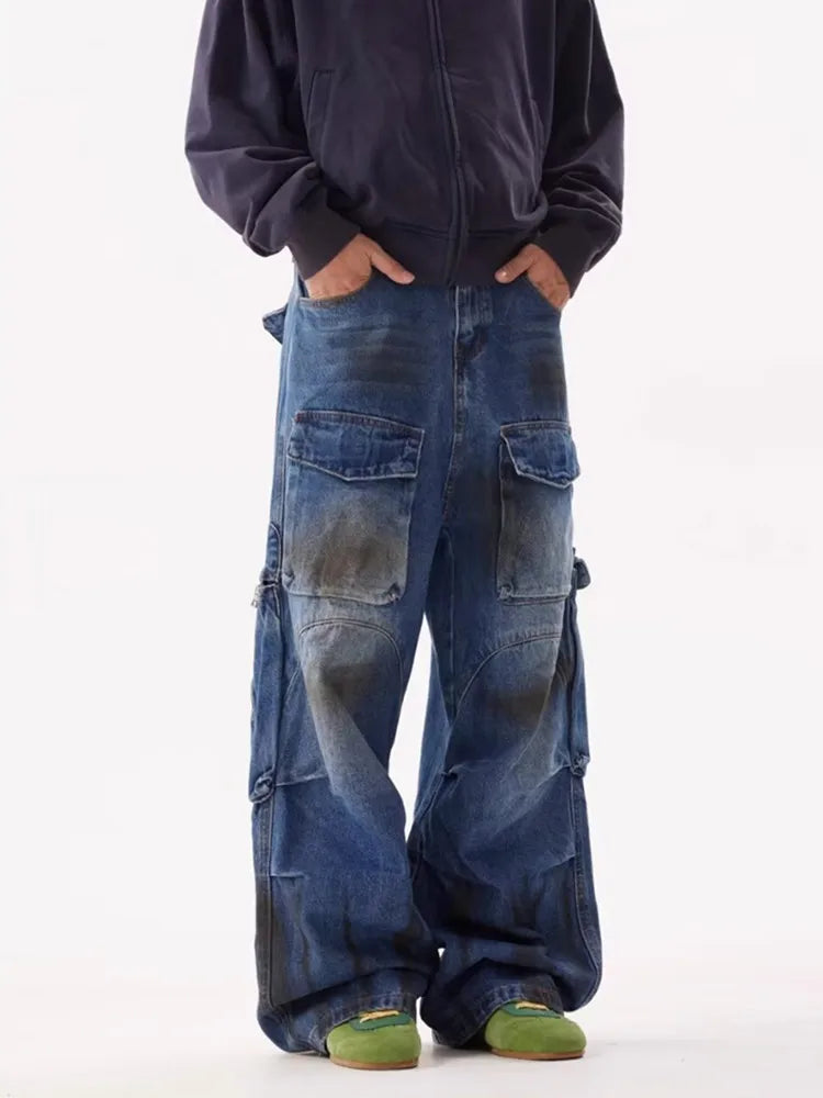 Grunge/Y2K Streetwear Pleated Baggy Cargo Jeans, Vintage Blue Wide Leg Denim