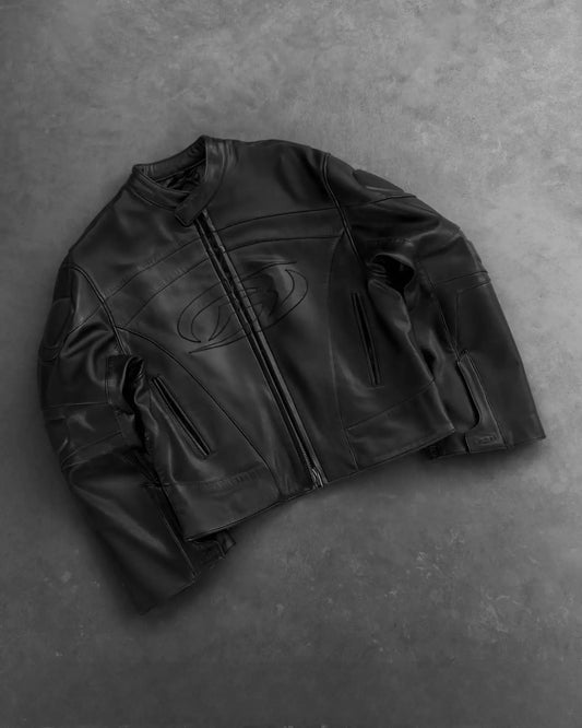 Y2k Vintage Reaven Anthem Leather Jacket Black Loose Geometry Pattern Embroidery Bomber Zip Up Jacke