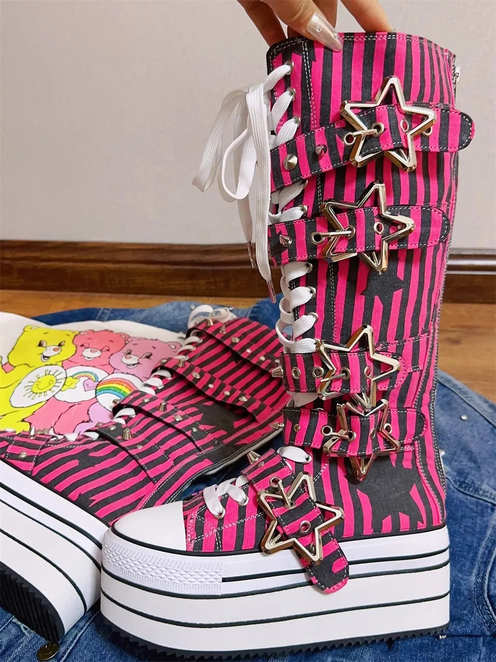 Women wasteland punk long Boots high wedge party shoes round toe canvas shoes Striped pentagram