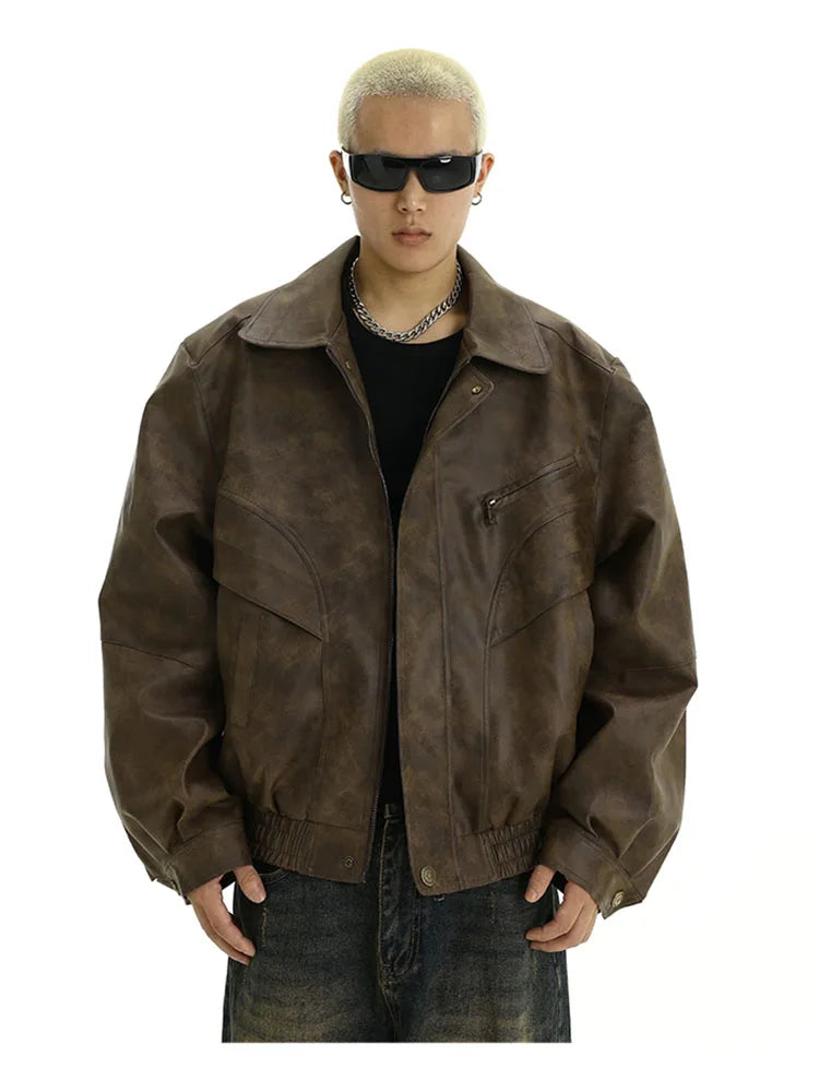 Retro Distressed Brown PU Leather Jacket – Men's Vintage American Style