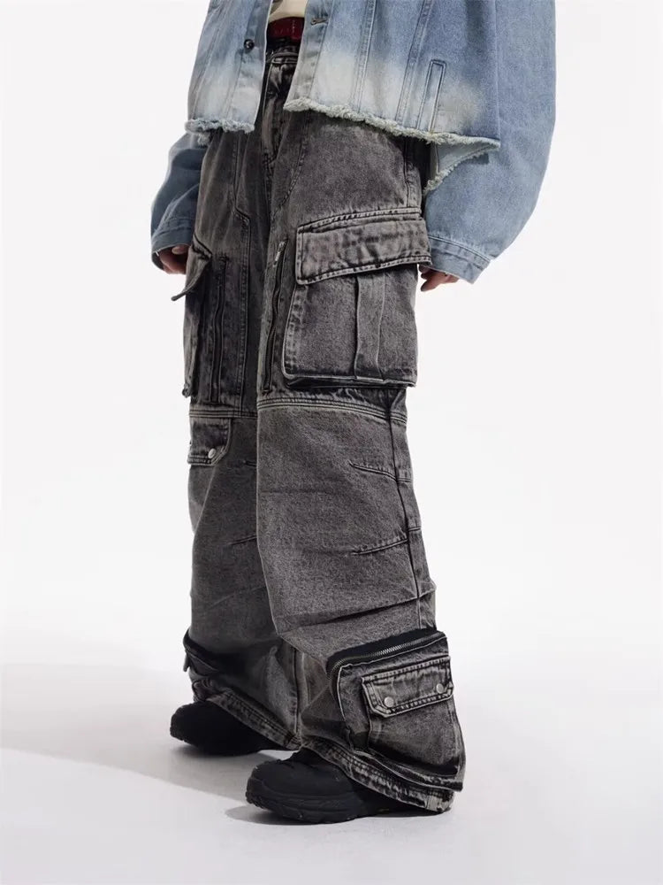 Cyber Y2K - Washed Grey Baggy Cargo Jeans, 90S Vintage Style