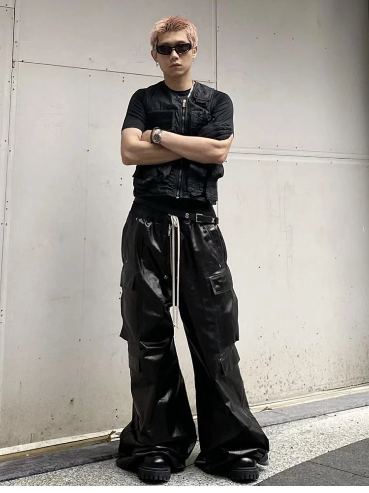 Mauroicardi Spring Autumn Cool Black Shiny Reflective Pu Leather Wide Leg Pants for Men Drawstring Waist Mens Designer Clothes