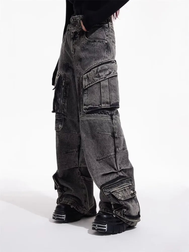 Cyber Y2K - Washed Grey Baggy Cargo Jeans, 90S Vintage Style