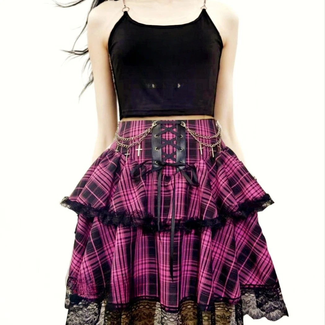 2024 New Japanese Vintage Dark Gothic Punk Y2K Millennium Black Red Plaid Skirt Harajuku Retro High Waist Lace Fluffy Mini Skirt