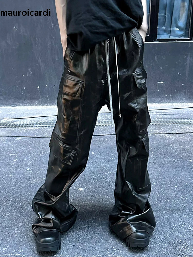 Mauroicardi Spring Autumn Cool Black Shiny Reflective Pu Leather Wide Leg Pants for Men Drawstring Waist Mens Designer Clothes