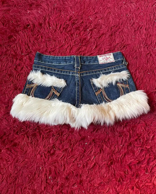 Y2K Mini Skirt Retro Gothic Embroidery Sexy Spicy Girl Artificial Fur Slim Denim Short Skirt Casual Hip-hop Skirt A-line