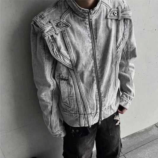 American High Street Fashion Retro Y2k Coat Spring And Autumn Motorcycle Heavy Industry Stitching Washed Design Denim Jacket Men