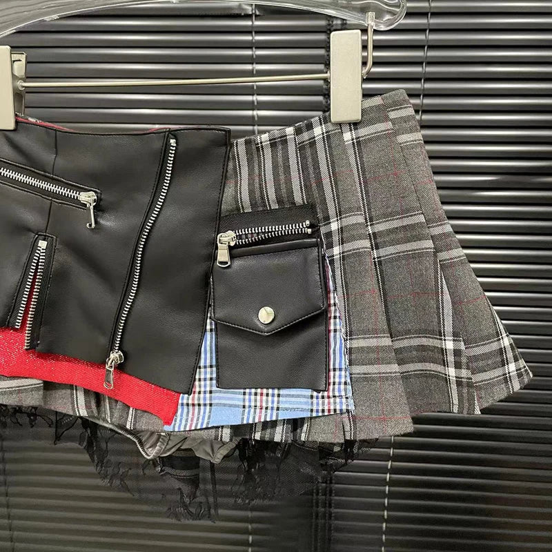 2025 New Women's Cotton Lace Patchwork Design Plaid Mini Leather Skirts Streetwear Female Modern Punk Irregular Pleated Skirt