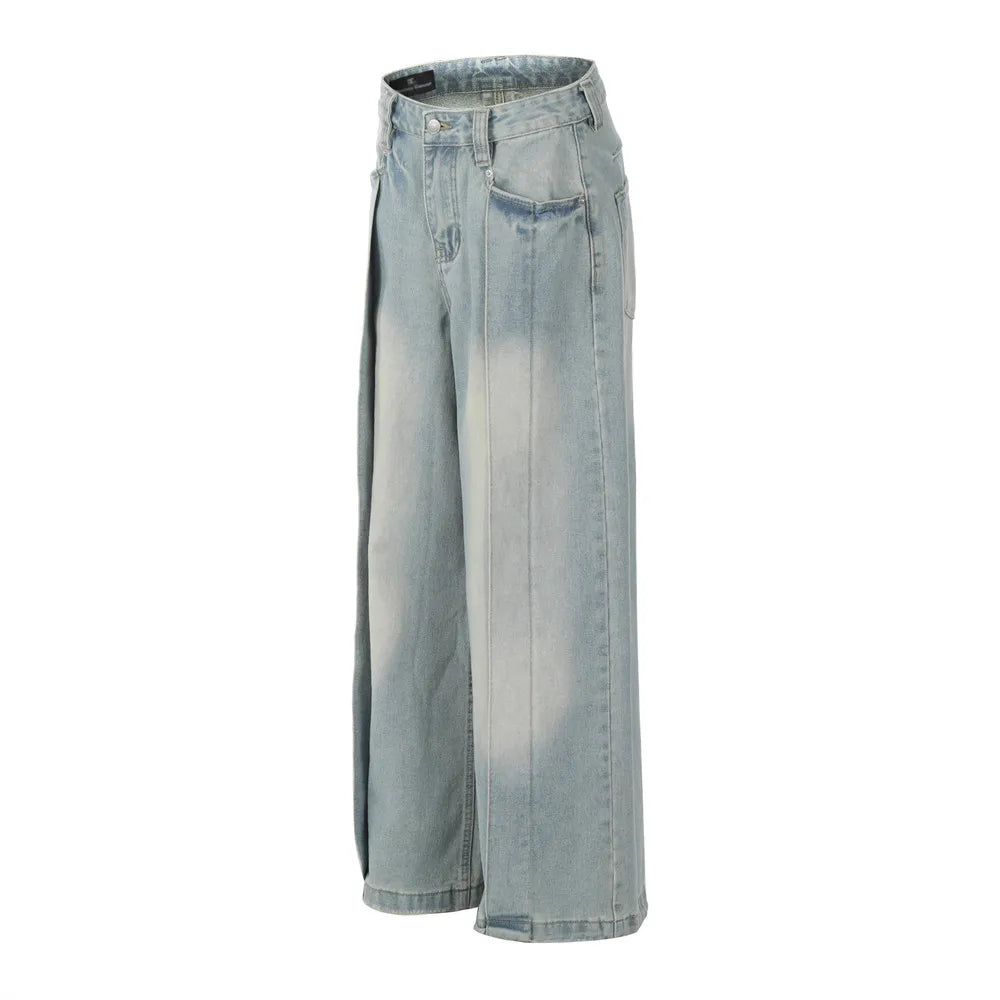 Washed Distressed Spliced Jeans Mens Retro High Street Spring Loose Straight-leg Denim Wide Leg Pants Men