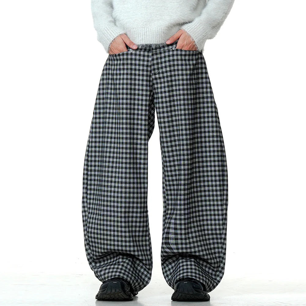 Retro Plaid Wide Leg Pants Mens Spliced Zipper Fly High Street Loose Casual Baggy Trousers Men