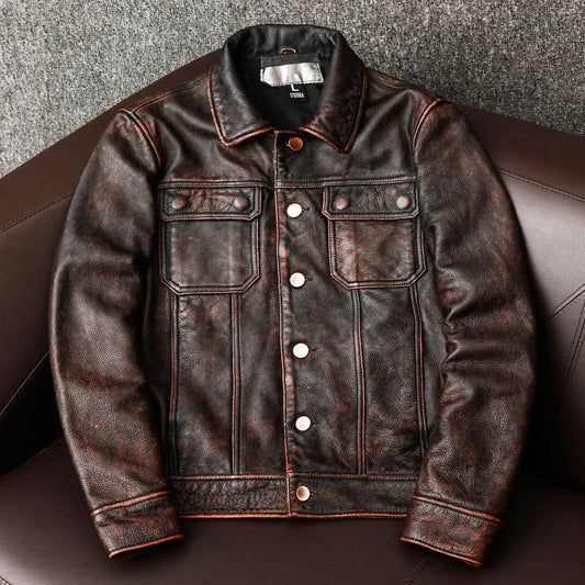 Vintage Men's Genuine Cowhide Leather Motorcycle Jacket – Distressed Biker Coat