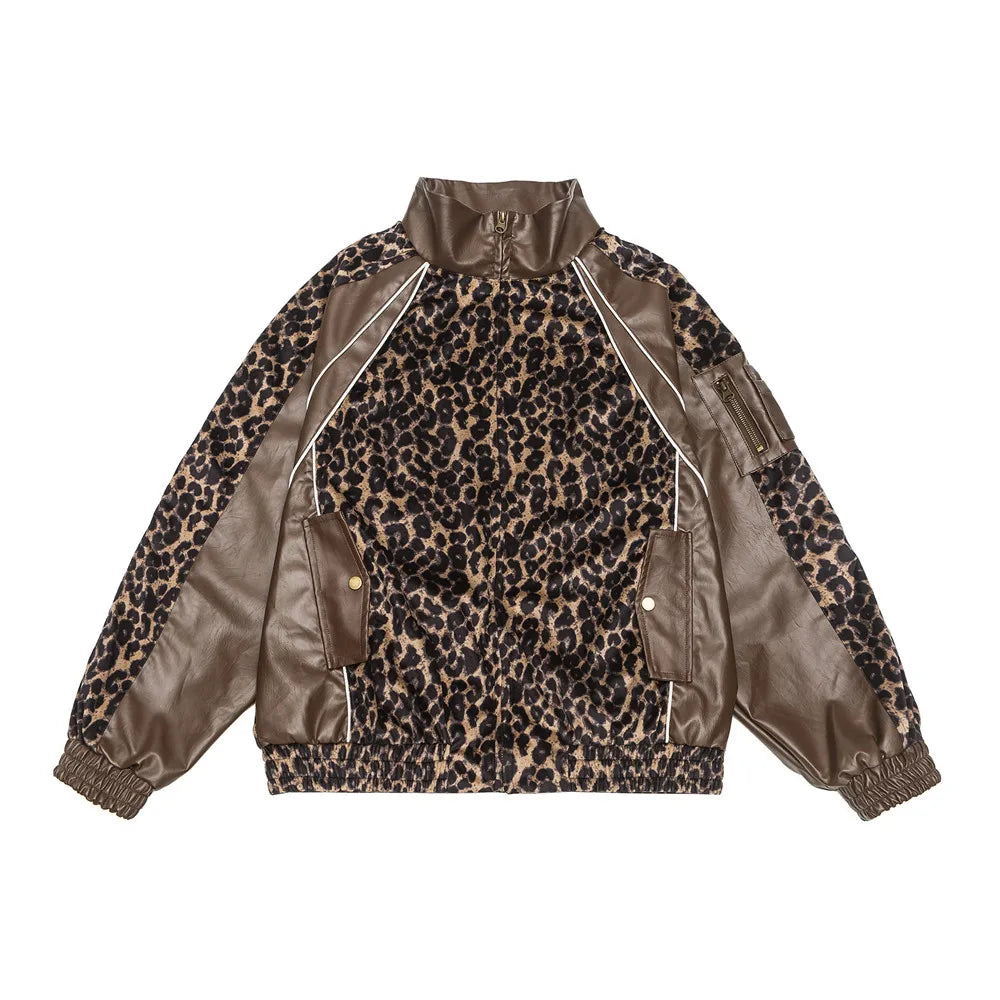 Leopard Spliced PU Leather Jacket Mens Autumn High Street Stand Collar Raglan Long Sleeve Outerwear Men