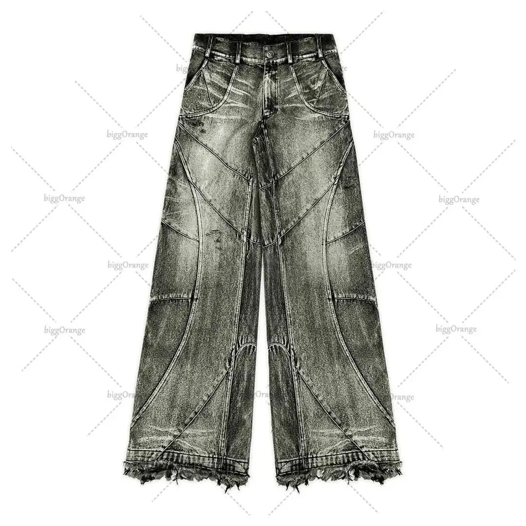 Spliced Design Washed Denim Jeans Men's Streetwear Fashion Straight Leg Denim Pants Hip Hop Trendy Trousers Spring 28W4634