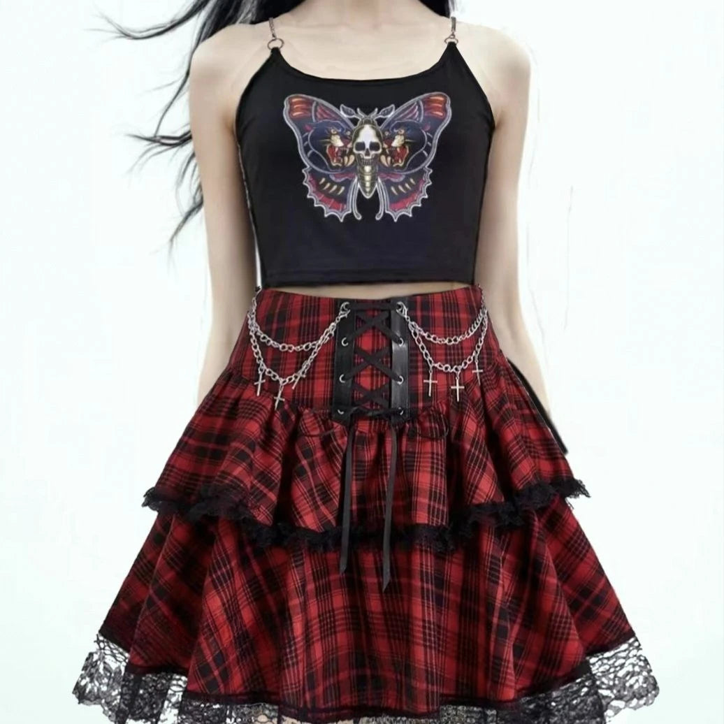 2024 New Japanese Vintage Dark Gothic Punk Y2K Millennium Black Red Plaid Skirt Harajuku Retro High Waist Lace Fluffy Mini Skirt