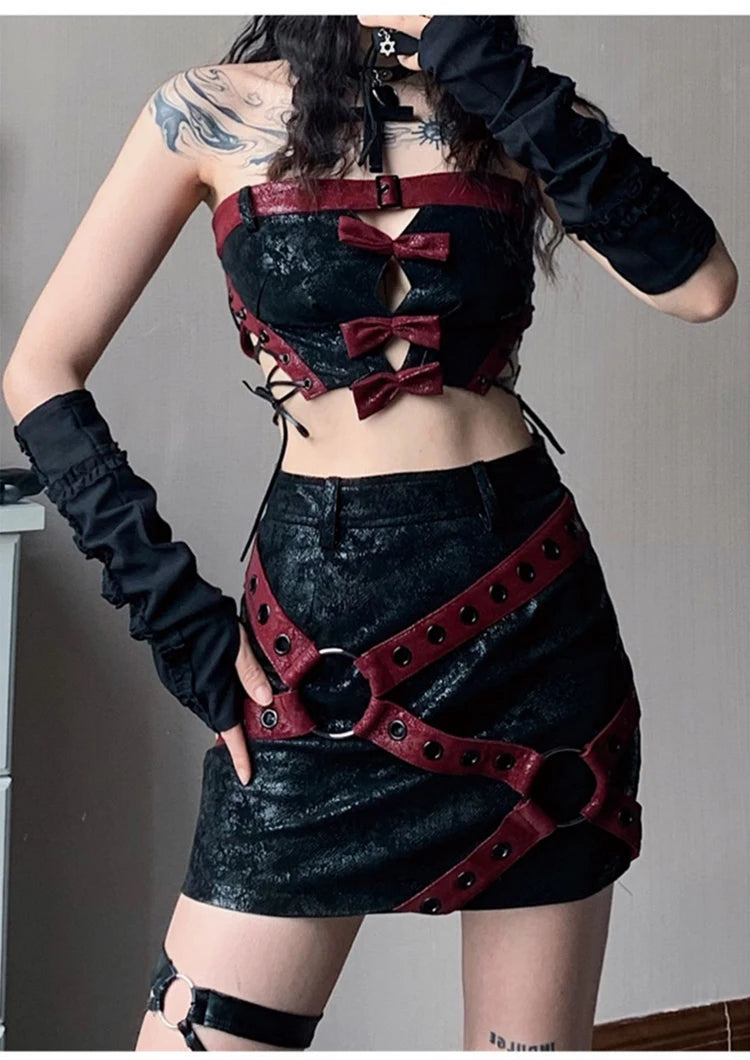 Lautaro Red & Black Patchwork PU Leather Mini Skirt