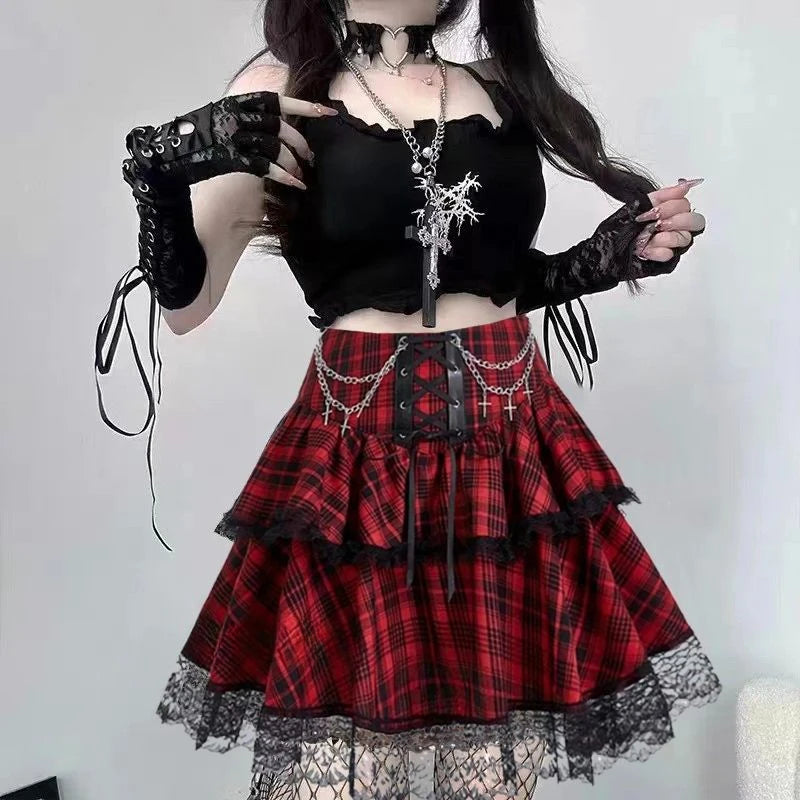 2024 New Japanese Vintage Dark Gothic Punk Y2K Millennium Black Red Plaid Skirt Harajuku Retro High Waist Lace Fluffy Mini Skirt