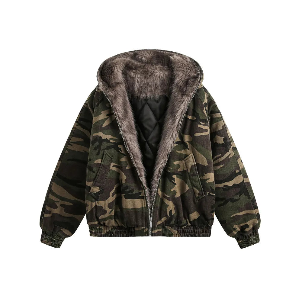 Camouflage Spliced Quilted Jacket Mens Winter High Street Thick Raglan Sleeve Loose Hooded Padded Jacket Men