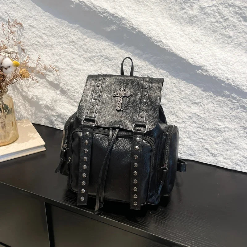 Rivet Y2K Backpack, Gothic Punk PU Leather Shoulder Bag, Vintage Harajuku Backpack