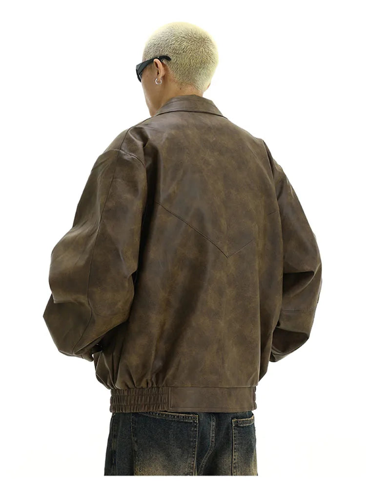 Retro Distressed Brown PU Leather Jacket – Men's Vintage American Style